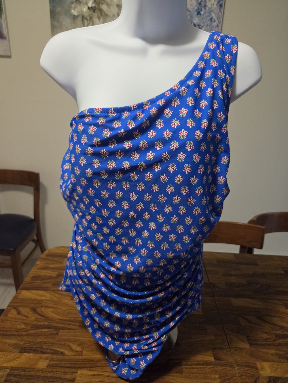 One-Shoulder Blue Floral Print Tank
